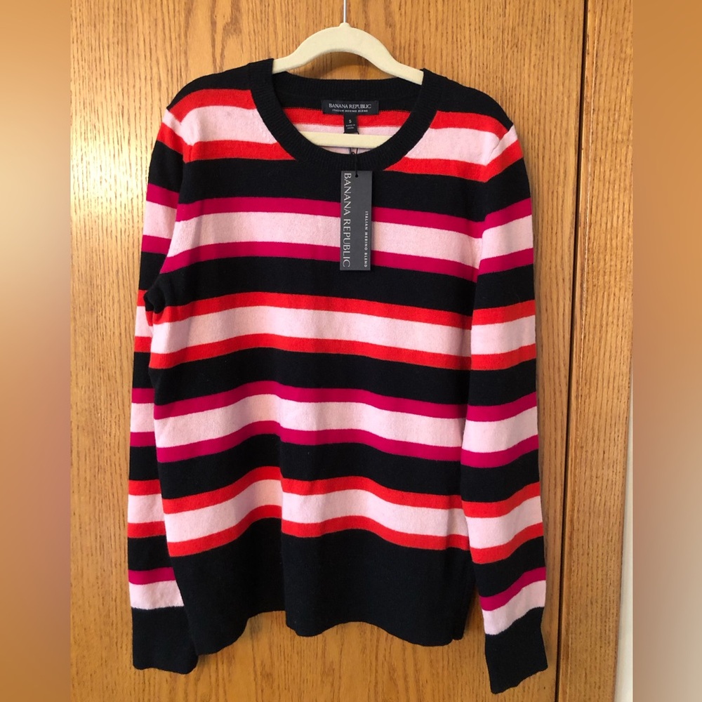 Banana Republic Women’s Black Crewneck Sweater with Pink, Orange Stripes
